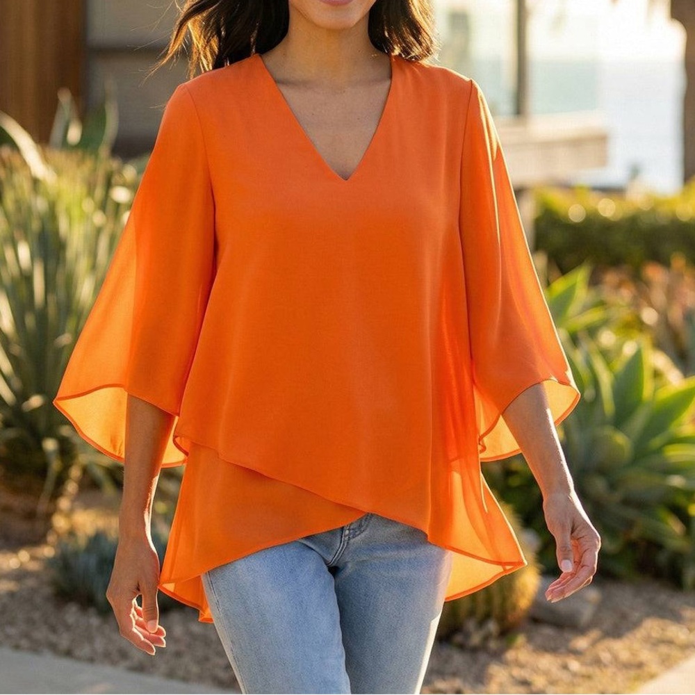 Karen Kane Vibrant Orange Layered Blouse